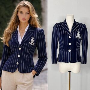 Lauren Ralph Lauren Crest Pinstripe Blazer Y2K Equestrian 2P Preppy Old Money